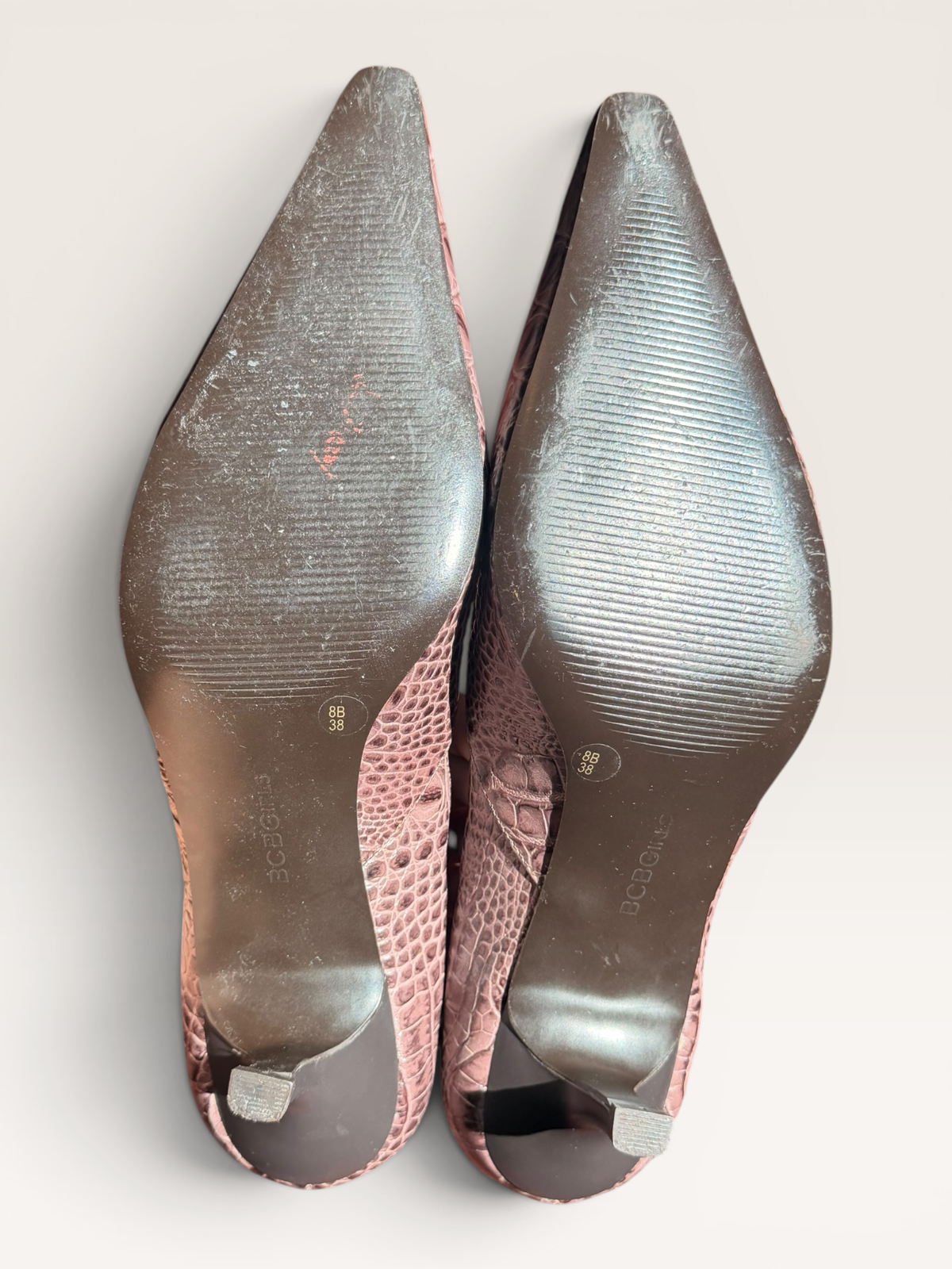 BCBGIRLS Embossed Crocodile Kitten Heels in Plum