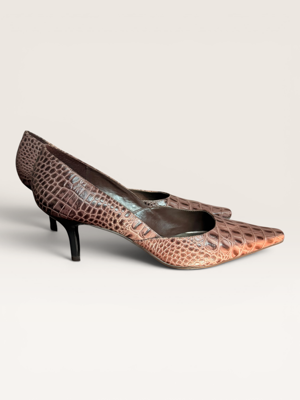 BCBGIRLS Embossed Crocodile Kitten Heels in Plum
