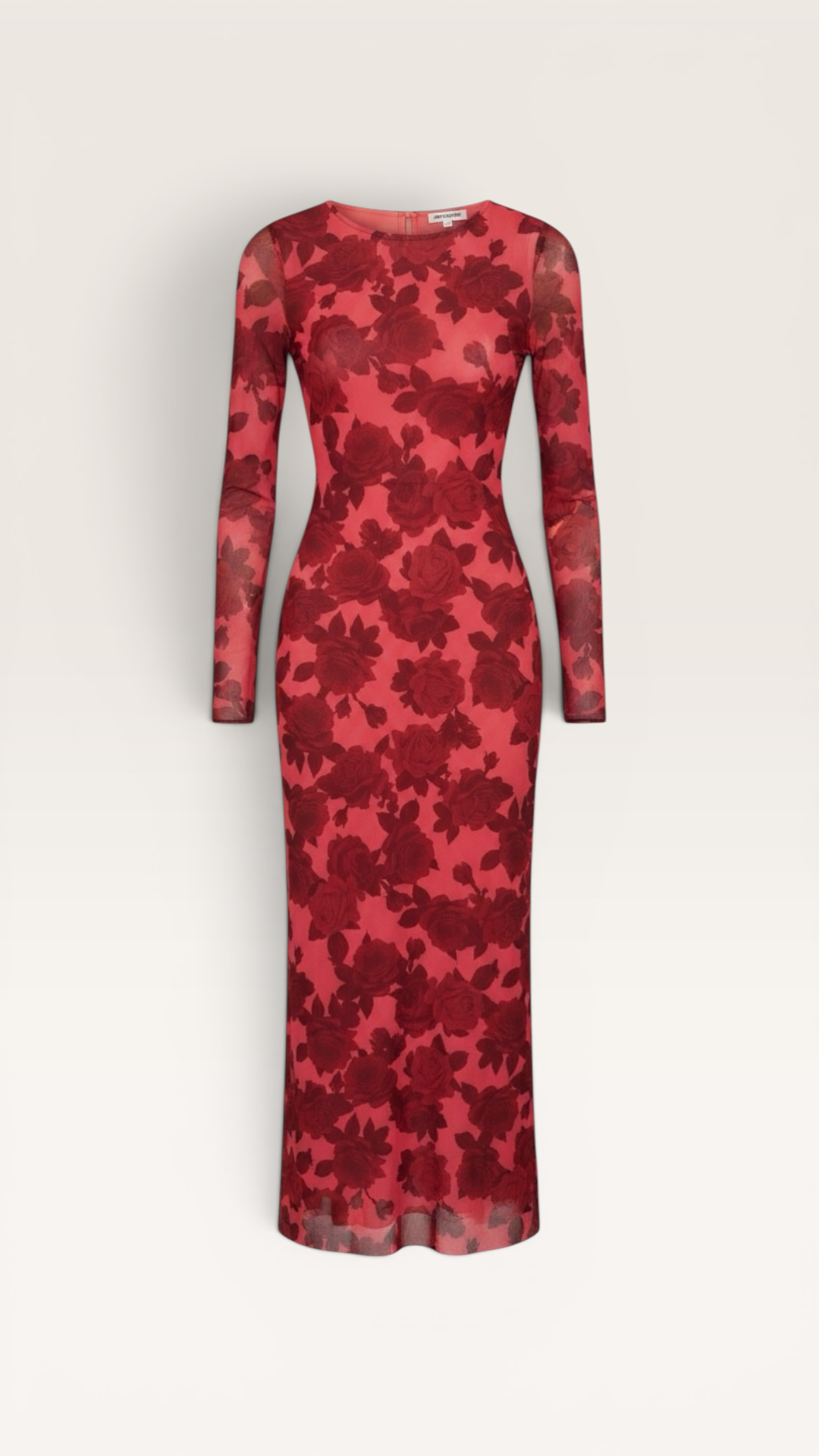 The Runway Reserve red floral mesh long sleeve maxi dress with a crew neckline and form-fitting silhouette.