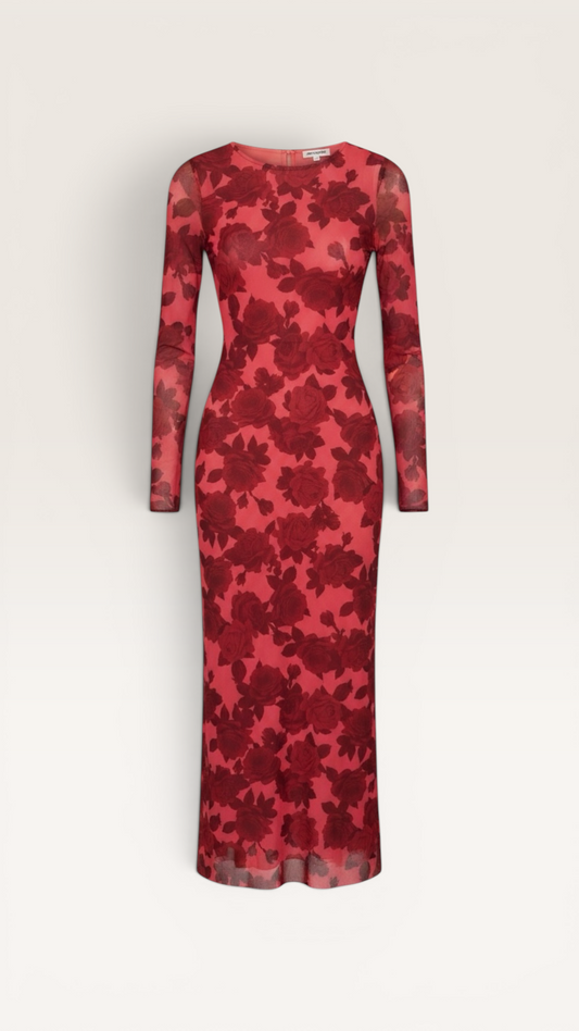 The Runway Reserve red floral mesh long sleeve maxi dress with a crew neckline and form-fitting silhouette.